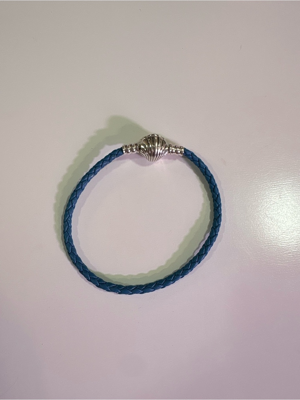 Pandora Braided Teal Leather Bracelet with Silver Shell Clasp